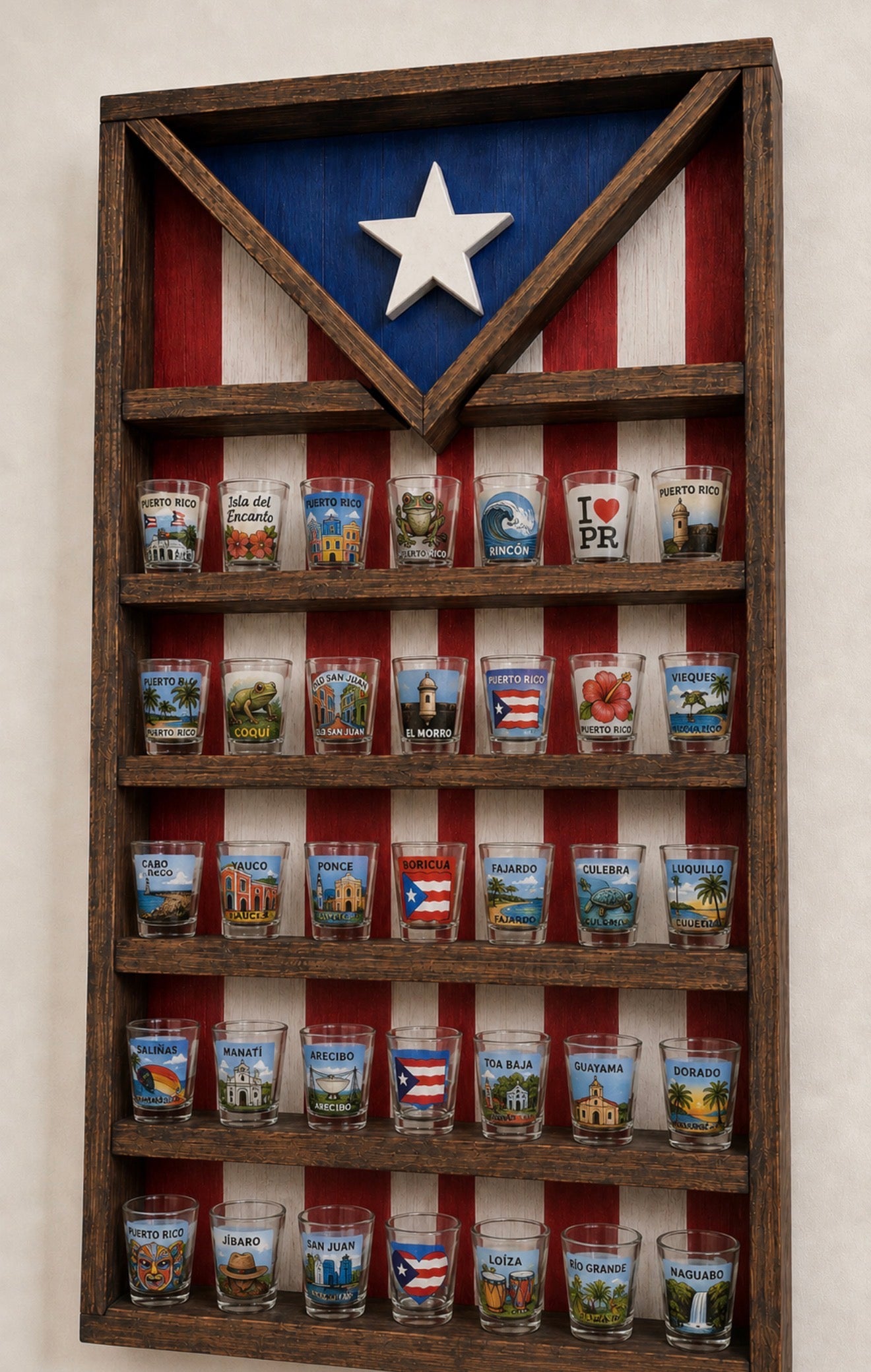 Shot glasses wall shelf with PR flag
